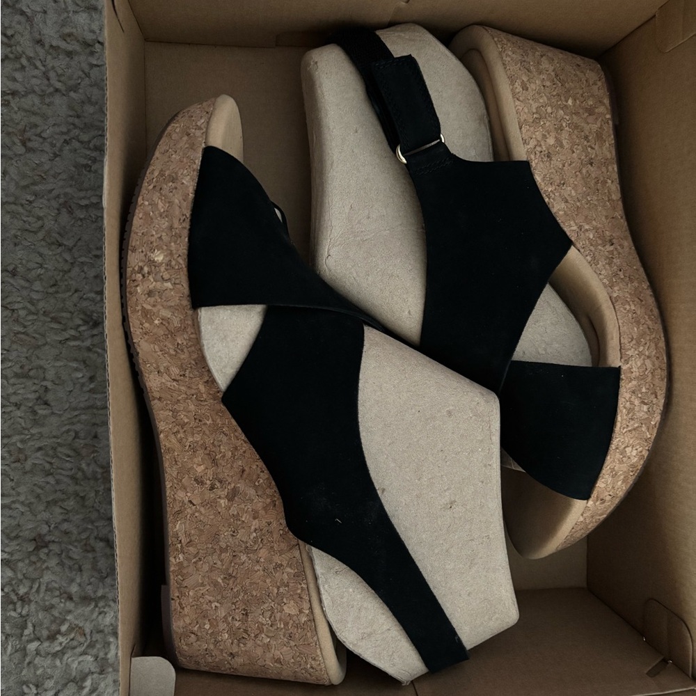 Clarks Tan and Black Wedges with Cork Sole